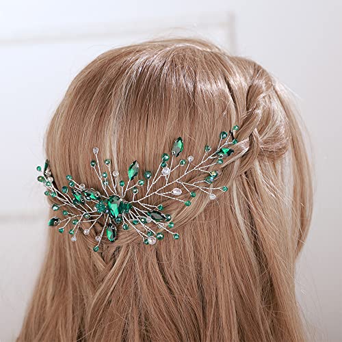 Emerald Green Crystal Bridal Hair Comb Silver Rhinestone Headpiece