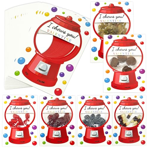 Valentine Candy Cards Set with Plastic Bags and Treat Holders - 50 Pack
