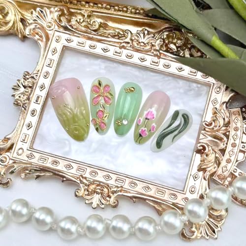 Green Press on Nails Medium Almond 3D Koi Fish Flower Fake Nails