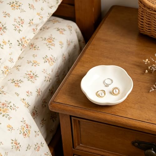 White Ceramic Jewelry Tray - Floral Ring Holder for Women