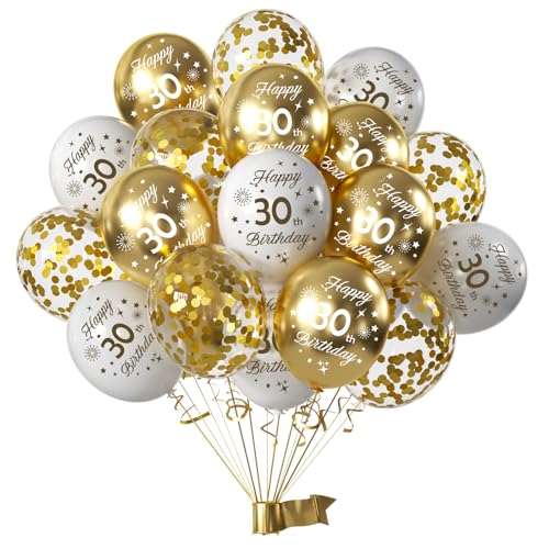 30th Birthday Balloons Pack - White & Gold Latex Confetti, 15pcs