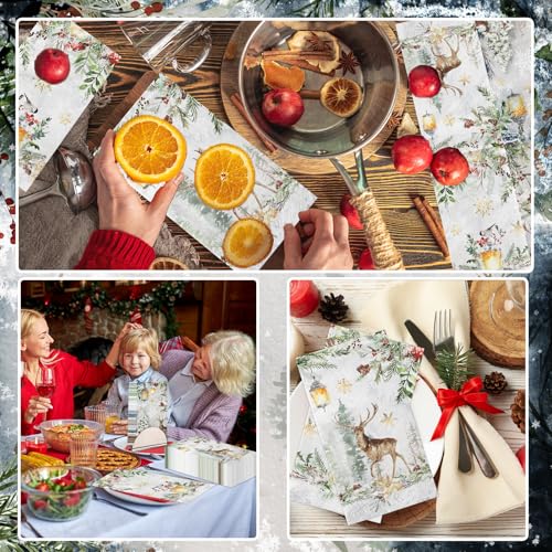 Christmas Deer Paper Napkins - 40 Pack Winter Holiday Disposable Towels