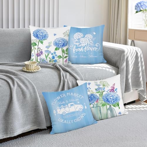 Bonhause Floral Hydrangea Throw Pillow Covers 18x18, Set of 4, Blue