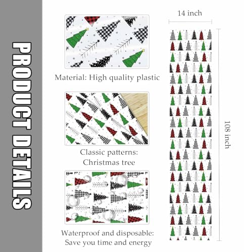 3-Pack Christmas Plastic Table Runners - 14x108 inches, Gingham Design