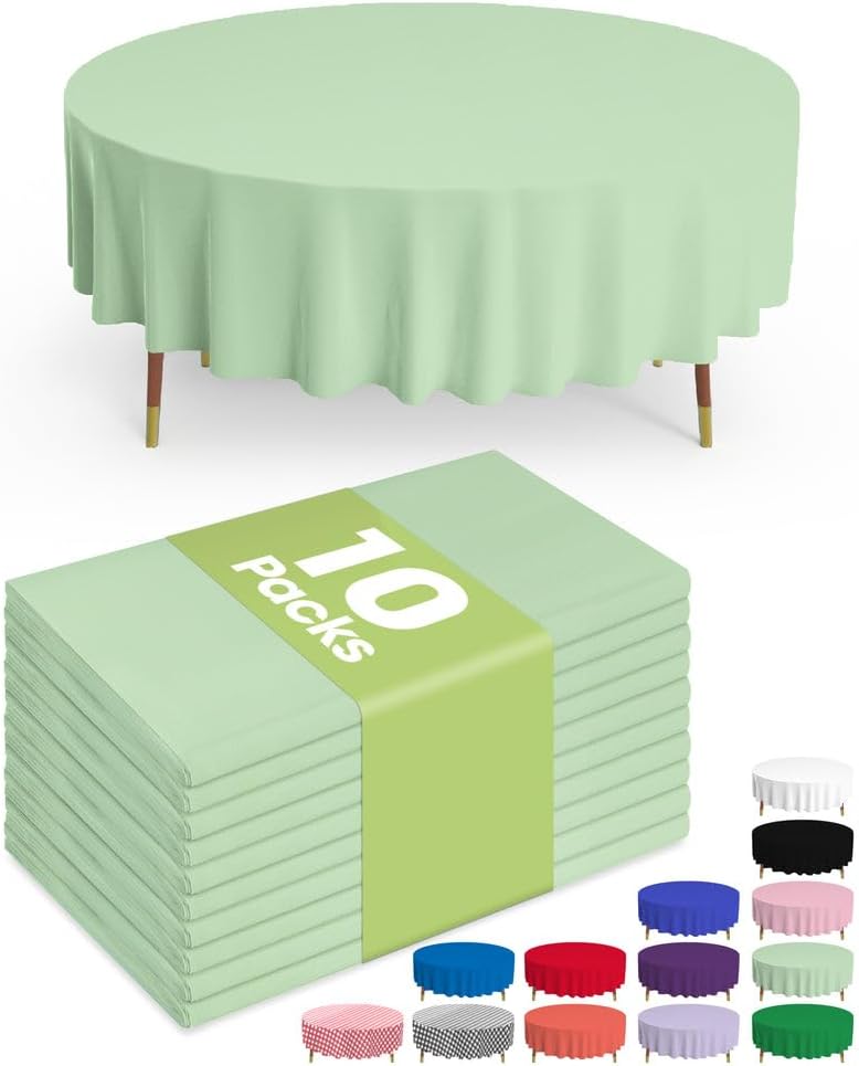 Pureegg 84'' Round Disposable Table Cloths - Sturdy & Leakproof, 10 Pack, Sage Green for Easter Parties