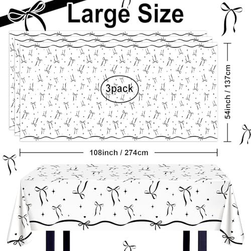 Avezano 3-Piece Black Bow Tablecloth Set, 108x54 Inch - Elegant Party Decor