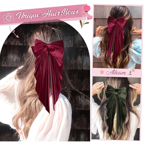Aileam Velvet Hair Bows for Women and Girls, 2-Piece Oversized Hair Ribbon Clips with Long Tails, Green & Wine Red