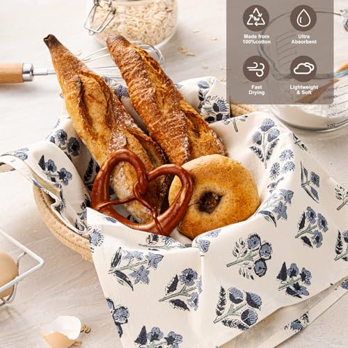 YZJZEDS Dusty Blue Block Print Floral Flour Sack Kitchen Towels Set of 2