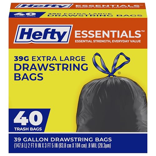 Hefty Essentials Extra Large 39 Gallon Drawstring Trash Bags - 40ct, Unscented, Black