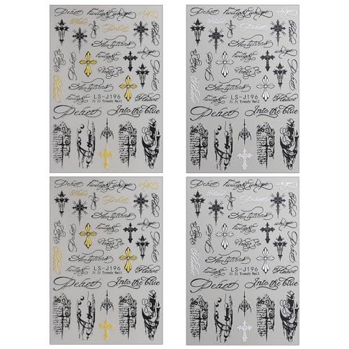 Gothic Cross Nail Stickers Black and Gold Self-Adhesive Decals 4 Sheets