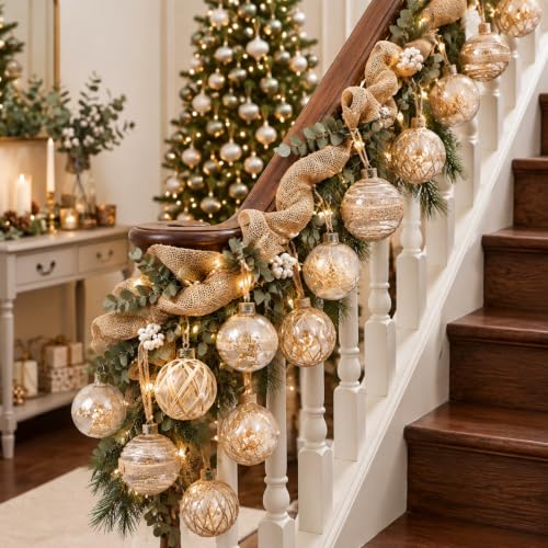 Farmhouse Christmas Ornaments Set with Burlap & Ribbons, 28 Pieces