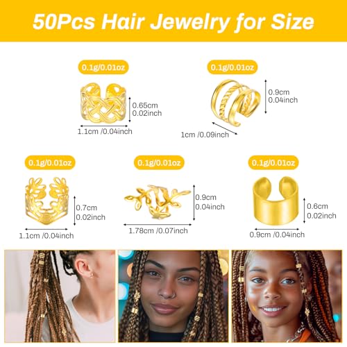 Tyqour 50pcs Gold Hair Jewelry & Cuffs for Braids, Dreadlock Accessories
