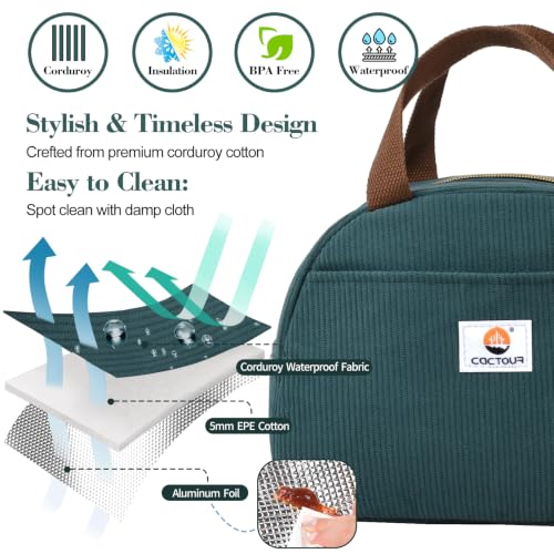 CaCTOUR C-Lake Green Insulated Lunch Bag for Women Girls Teens, Corduroy Cooler Tote, Small Portable Reusable Lunchbox