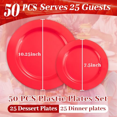 Red Disposable Plastic Plates for Party - 50 Pack Heavy Duty Dinner & Dessert