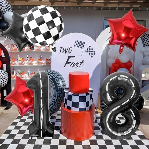 LEBERY Race Car Number 8 Balloon Set, 40-Inch Black Racetrack & Checkered Balloons