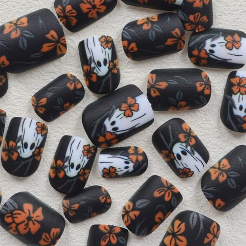 Ghost Press on Nails Matte Orange Flower Acrylic Short Square False Nails