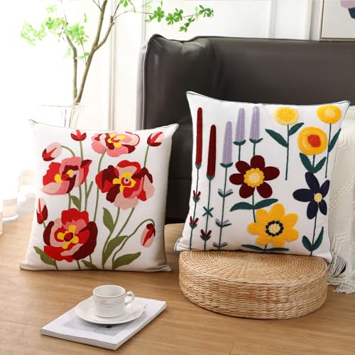 Floral Embroidered Throw Pillow Cover 18x18 Spring Decorative Cushion Case