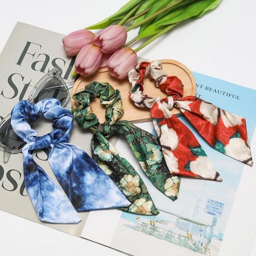 Satin Hair Scarf Scrunchie Blue Vintage Oil Painting Bow