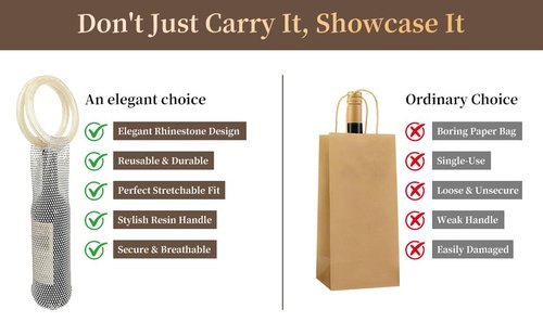 URTERYSER Stylish Resin Handle Wine Pouch Mesh And Embedded Rhinestones Bottle Holder Versatile Insulation Cup Bag For Daily Use Elegant Marble Handle Bag (White)