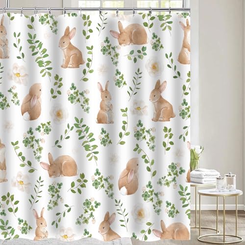 Pink Easter Shower Curtain Set - Watercolor Rabbit Design 72x72