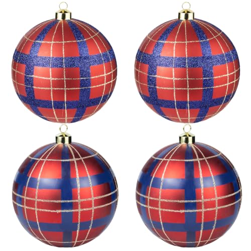 Christmas Tartan Ball Ornaments Set of 4 - Red Blue Plaid 6-Inch