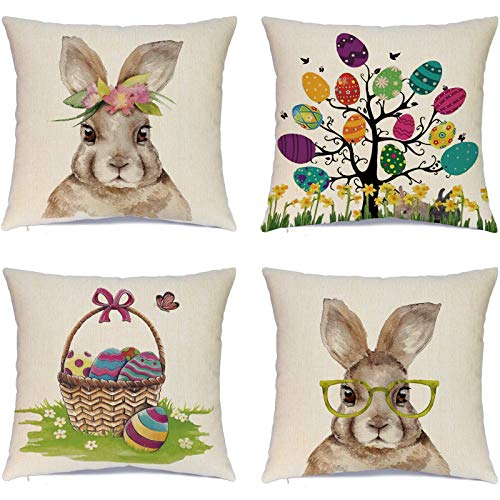 Easter Pillow Covers 20x20 Set of 4, Farmhouse Linen Decorative Cases