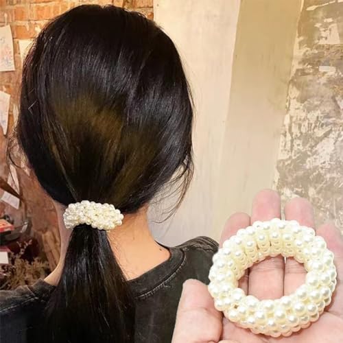 White Pearl Hair Bands 3-Pack Elastic Ponytail Holder for Women