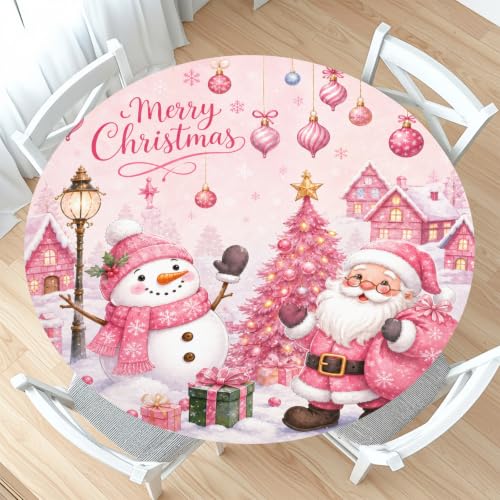 Pink Christmas Round Fitted Tablecloth with Elastic for 40-44 inch Tables - Winter Snowman Design