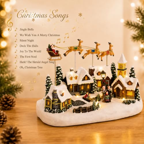 Animated Christmas Village Scene with Flying Deer - Santa Sleigh Display