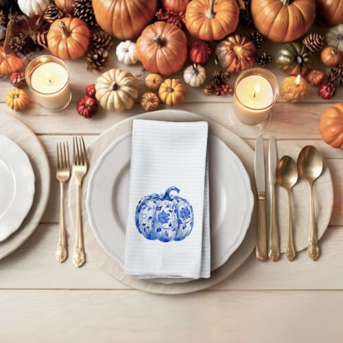 Blue and White Pumpkin Kitchen Towels - 16x24 Inches, Farmhouse Decor