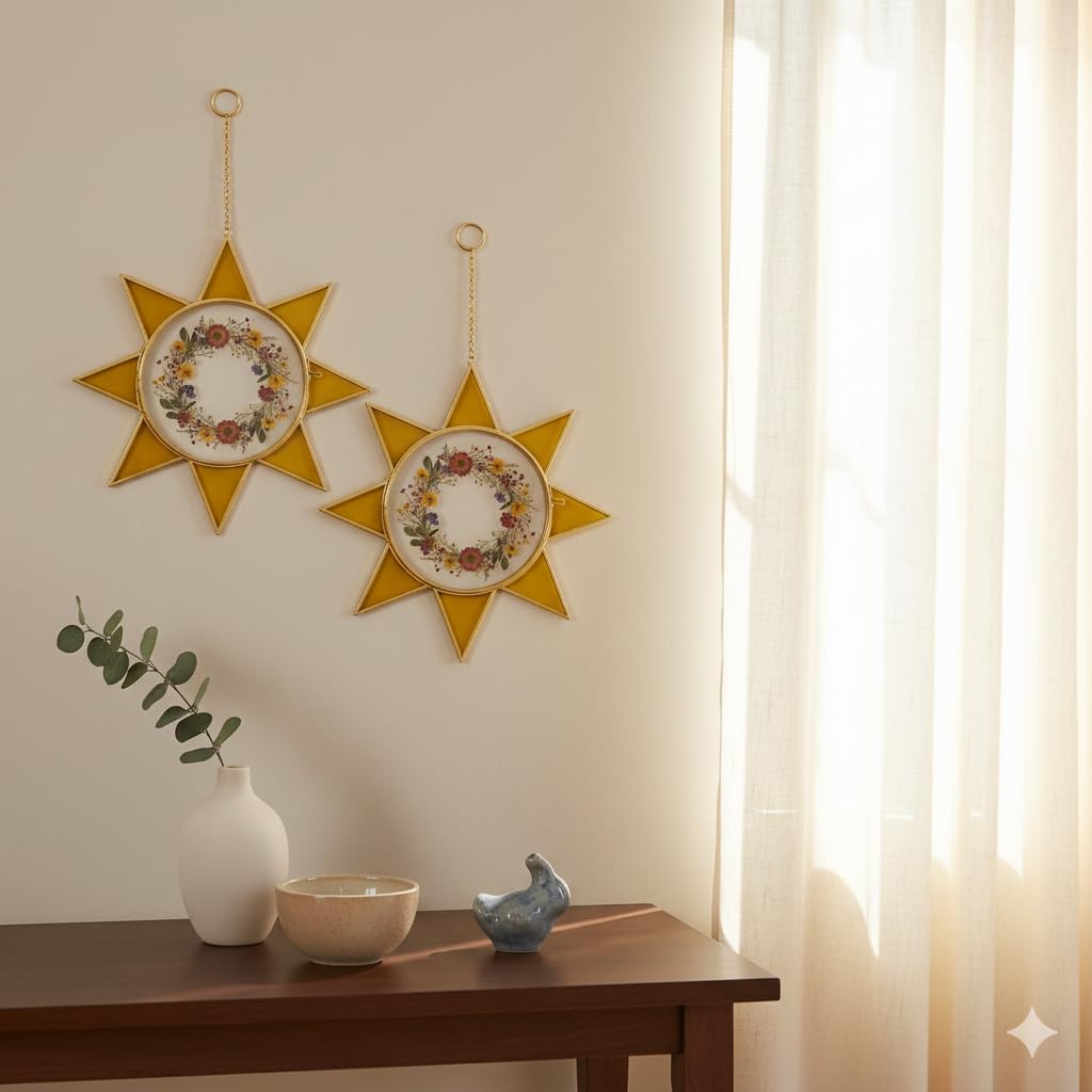 Sunburst Pressed Flower Frames - Decorative Double Glass Wall Art | Horizontal Display for Dried Flowers, Gold Finish