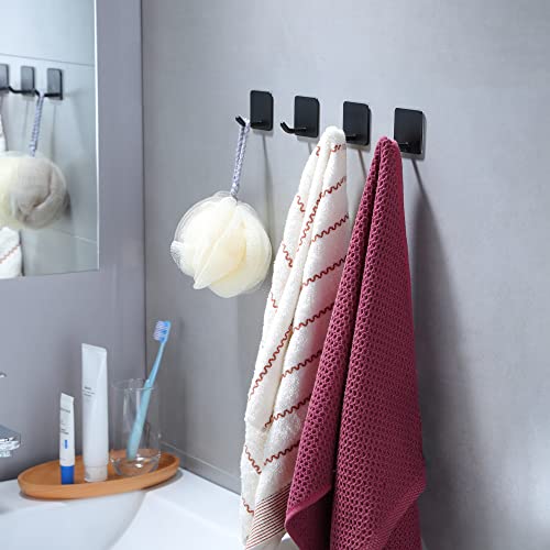 YIGII Adhesive Towel Hooks, Matte Black Stainless Steel Wall Hooks (4 Pack)