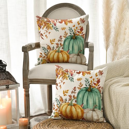 Fall Pumpkin & Maple Leaf Pillow Covers 18x18 Inch Set of 2 - Seasonal Thanksgiving Decor