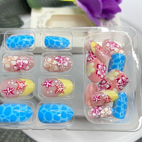 Short Oval Press on Nails Summer Beach Blue Sea Starfish Flowers Design
