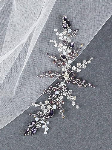 Brihasory Crystal Bridal Headband Handmade Rhinestone Wedding Hair Piece Purple