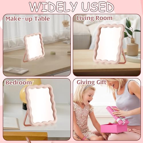 Wave-Shaped Pink Desk Mirror, Portable Folding Makeup Mirror 6.7x5.3 Inch