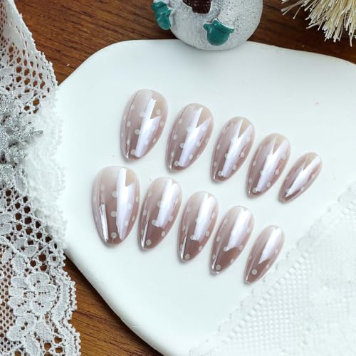 Short Almond White Polka Dot Press on Nails Glossy Fake Nails Kit