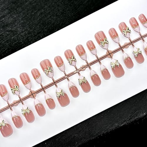 Short Almond French Tip Press On Nails with Gold Line & 3D Bow 30Pcs