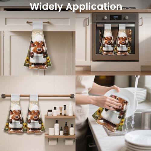CUTHOLLOW 2 Pcs Bathroom Cow Hanging Kitchen Towels with Loop – Stylish & Absorbent Microfiber Towels for Kitchen & Bathroom Decor