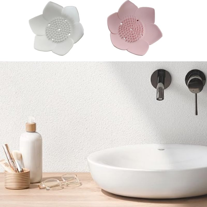 2-Pack Lotus Silicone Soap Dish Holder - Self-Draining Bathroom Accessory