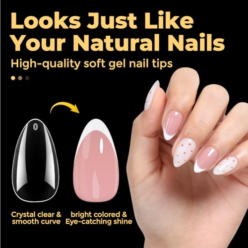 UNA GELLA Short Almond Gel Nail Tips - 216 Pcs Clear Soft Acrylic Full Cover Fake Nails for DIY Home Extension