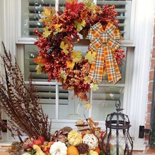 Large Fall Wreath Bow - Plaid Design - Thanksgiving Farmhouse Decor