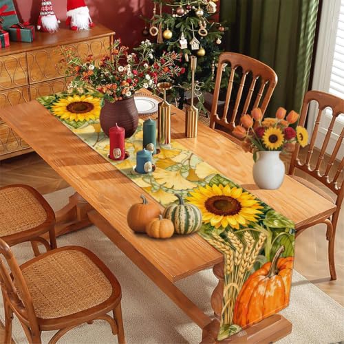 Fall Table Runner 13x72 Inches, Thanksgiving Autumn Pumpkin Decorations for Kitchen Dining Room