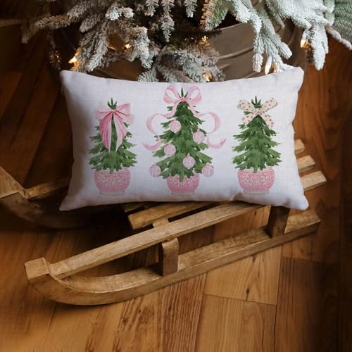 Pink Christmas Tree Throw Pillow Cover - 12x20 Inch Chinoiserie Design