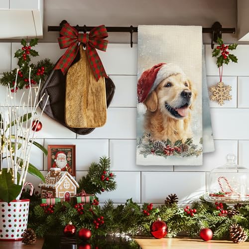 Christmas Winter Dog Themed Kitchen Towels - Cute Holiday Dish Towels for Dog Lovers, 16x24 Inches