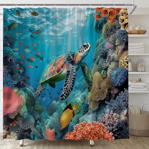 Ocean Underwater World Shower Curtain - Colorful Tropical Fishes & Turtle, 70"x70"