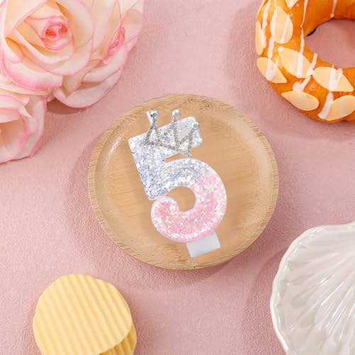 Pink & Silver Crown Birthday Number 5 Candle Decoration