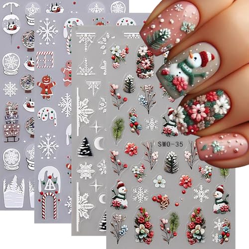 5D Christmas Nail Stickers Embossed Snowflake Decals 4 Sheets