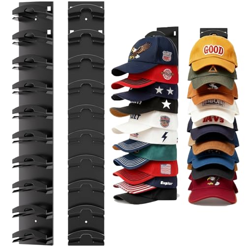 Black Baseball Cap Organizer - Wall Mount Hat Rack for 20 Caps