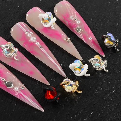MEILINDS Gold Snake Nail Charms with Iridescent Heart Rhinestones 10PCS 3D Alloy Nail Gems for Acrylic Nails DIY Nail Art Decorations